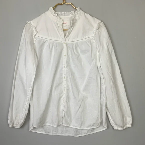 Xirena Sz XS Rye White Cotton Poplin Button Up Ruffle Blouse Top Cottagecore - Picture 1 of 7